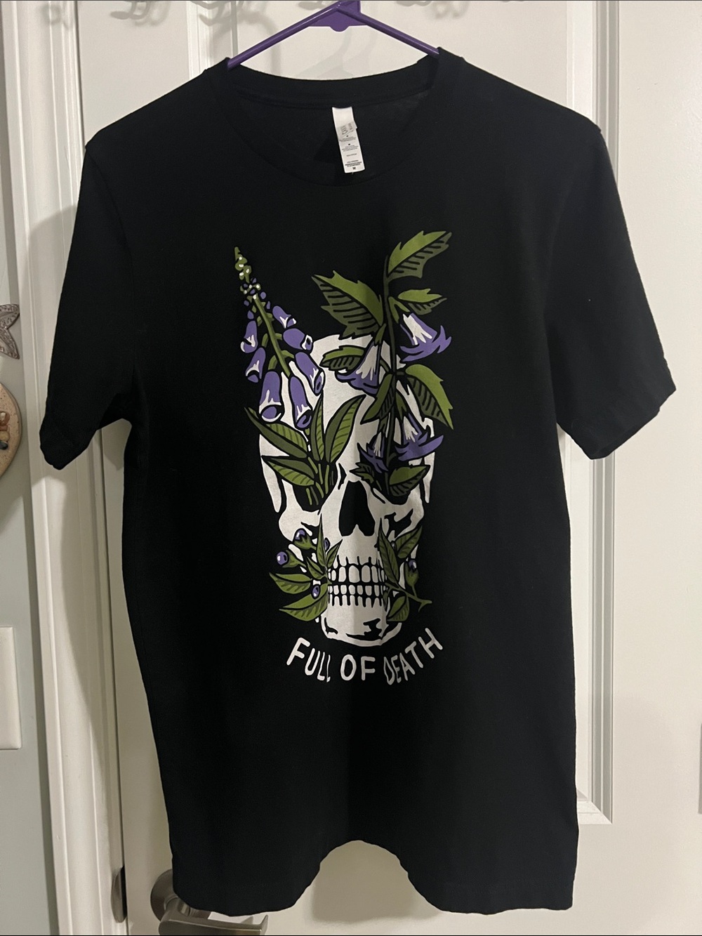 Bella Canvas Black Tee with White Skull and Purple Floral Design